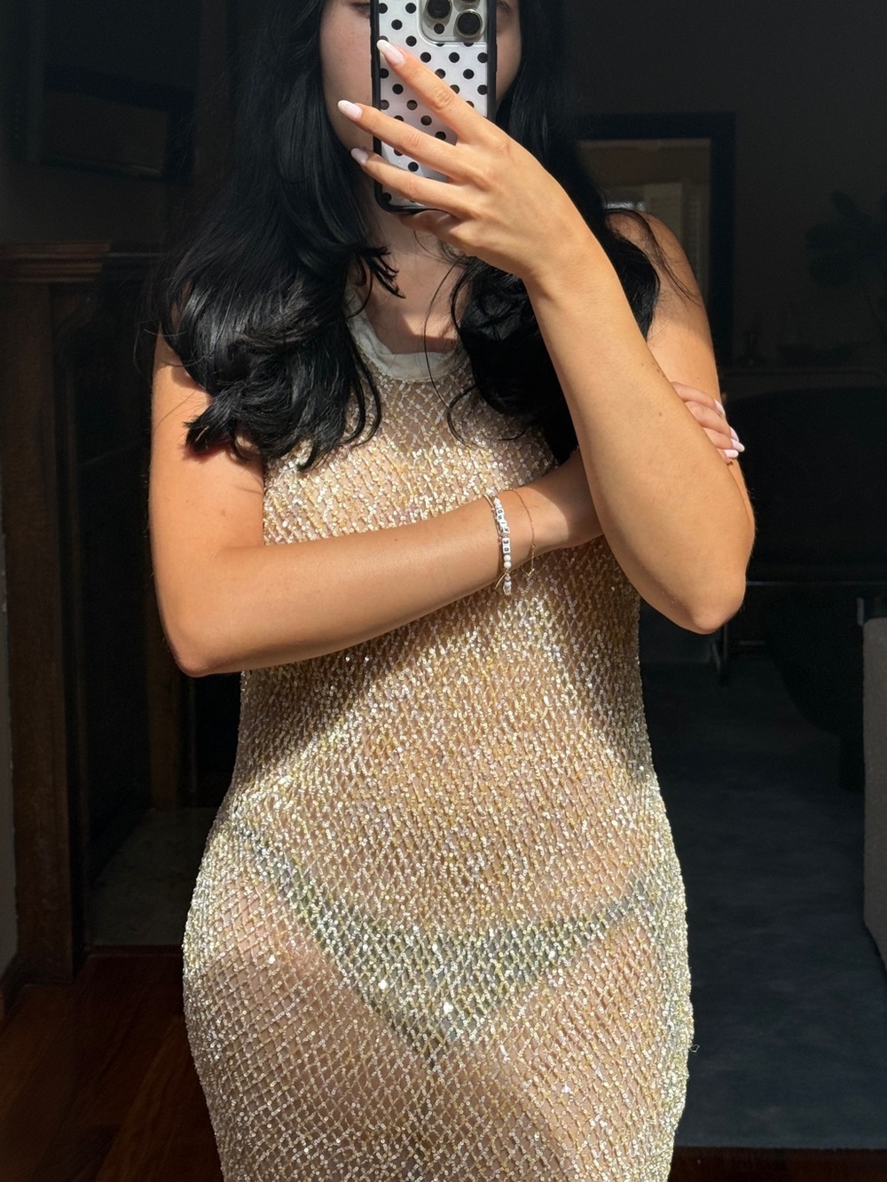 Diotima Sheer Metallic Knit Tank Dress - Champagne